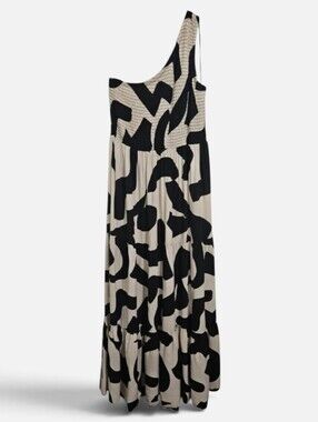 Abel the Label Black Cream Abstract Print Maxi Dress One Shoulder Flowy Sz M